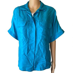 VTG Argenti Womens 4/S Pure Silk Teal Blouse Button Up Career Business Pocket